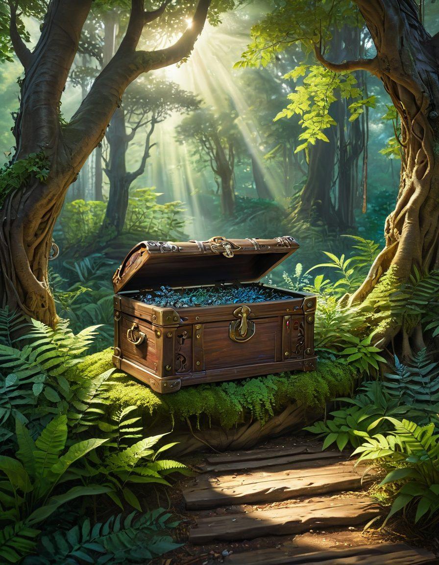 A serene landscape featuring a majestic key unlocking a treasure chest filled with glowing plants and jewels, symbolizing wellness and personal growth. Soft rays of sunlight filter through lush trees, casting gentle shadows. In the background, a path winding through a vibrant forest leads towards a horizon of endless possibilities. A person meditating beside the chest, exuding tranquility and joy. super-realistic. vibrant colors. peaceful atmosphere.