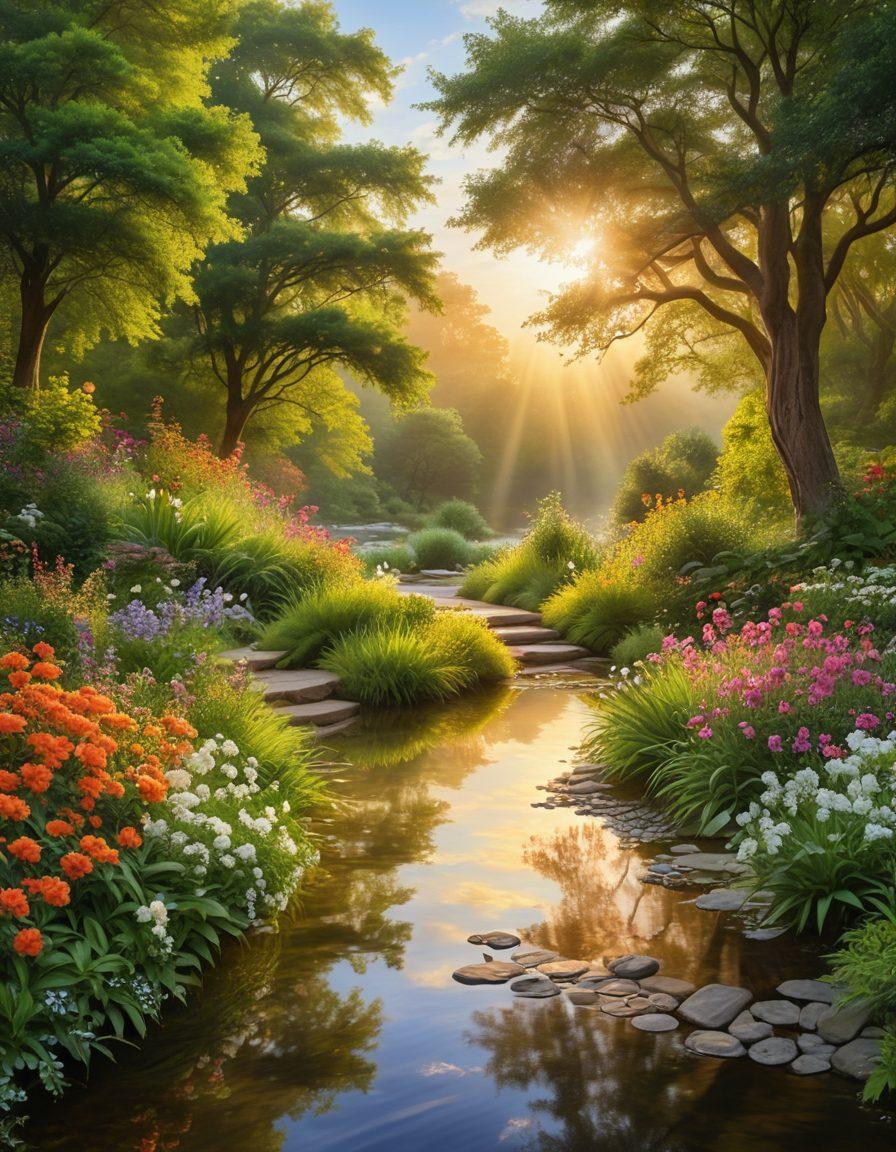 An ethereal landscape featuring a peaceful pathway lined with vibrant flowers, symbolizing personal growth. A serene sunrise casts warm golden light, illuminating a figure meditating at the end of the path. Elements of nature like flowing water and lush green trees surround the scene, embodying wellness and tranquility. Inspirational quotes subtly integrated into the clouds above. super-realistic. vibrant colors. peaceful atmosphere.