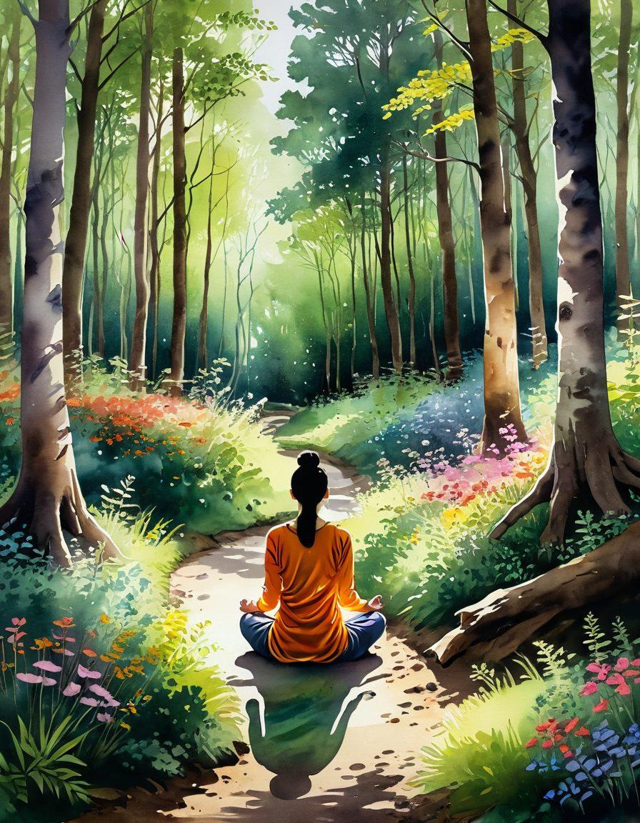 A serene scene depicting a peaceful person meditating in a lush green forest, surrounded by soft rays of sunlight filtering through the trees. Incorporate symbols of growth like blooming flowers and a winding path leading forward, representing the journey of self-improvement. The mood should be calming and inspiring, inviting viewers to embrace mindfulness. watercolor painting style. vibrant colors.